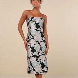 Lulus Upgraded Event Black Jacquard Strapless Bustier Midi Dress